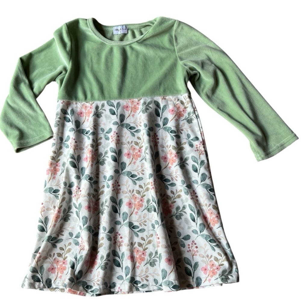 Abby & Evie Floral Green Velvet Dress Girls Size 4